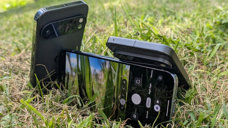 Google Pixel 10 Pro XL and 10 Pro and 10 with camera app in grass.