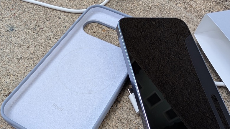 Google Pixel 10 Pro XL with Pixelsnap case on cement.