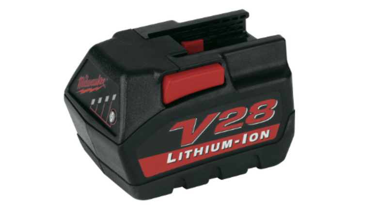 Milwaukee V28 Li-ion battery with white background