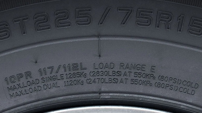 Tire sidewall showing MAX LOAD and MAX PRESS