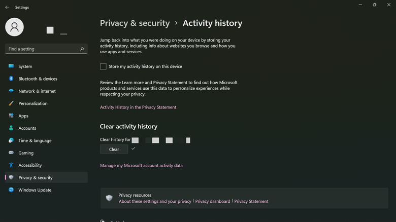 windows 11 activity history settings
