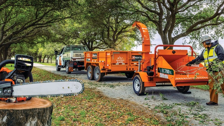 Using equipment rented from The Home Depot to cleanup a tree-lined lane.