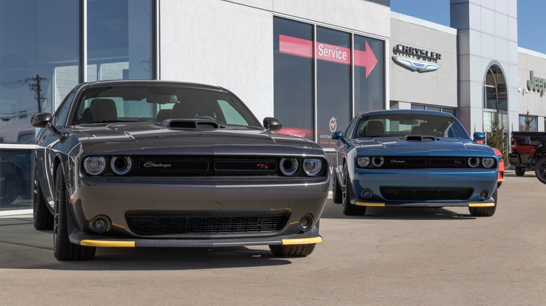 Front view of gray and blue Dodge Challenger R/Ts parked in front of Dodge dealership.