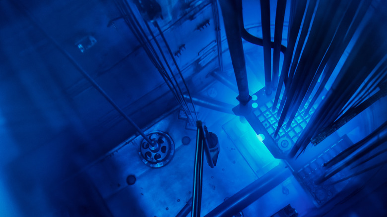 Blue glow of nuclear reactor components.