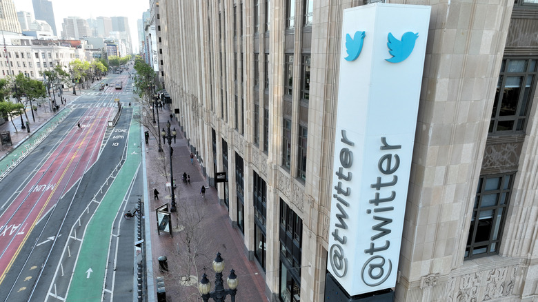 Twitter logo on a building.