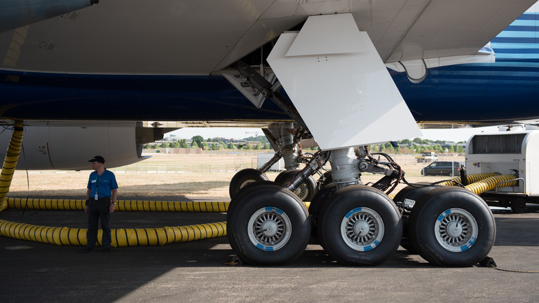 The Boeing 777X landing gear is displayed during the Farnborough International Airshow 2022 on July 18, 2022 in Farnborough, England.