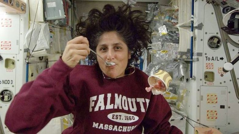 Astronaut Sunita Williams eating ice cream on the ISS in 2012