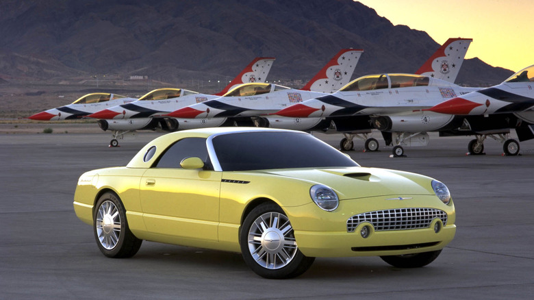 yellow Ford Thunderbird with F-16 Thunderbirds