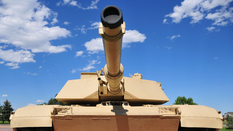 Close up of a tank colored U.S. Army tank main gun.