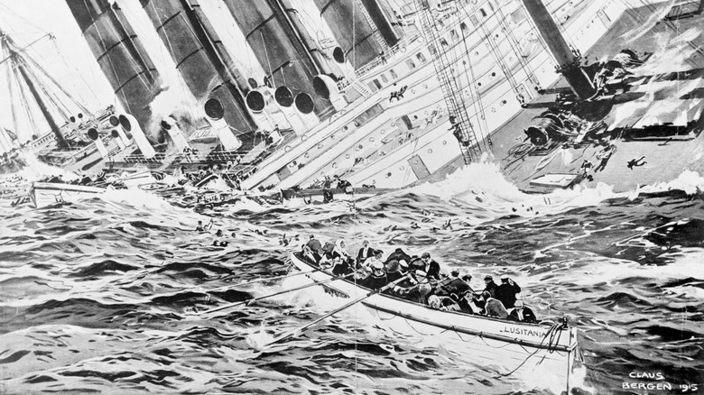 A drawing of the sinking of the Lusitania.