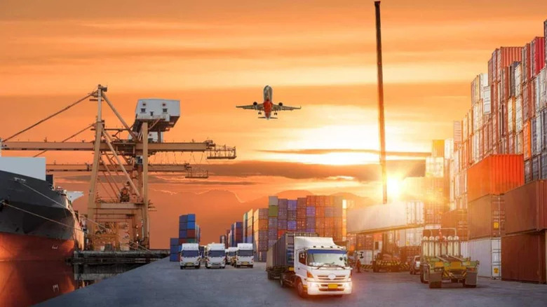 Shipping container in port