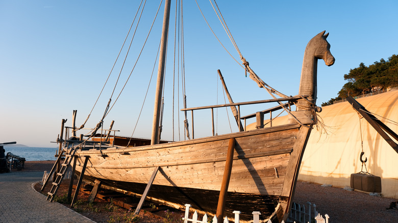 Ancient Phoenician ship in an archeology exhibit