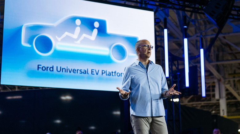 Doug Field unveiling Ford's Universal EV Platform on stage