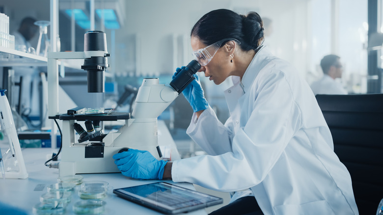 doctor using microscope in lab