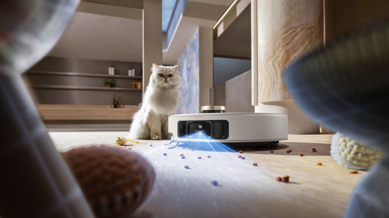 The MOVA V50 Ultra Complete cleaning near a cat