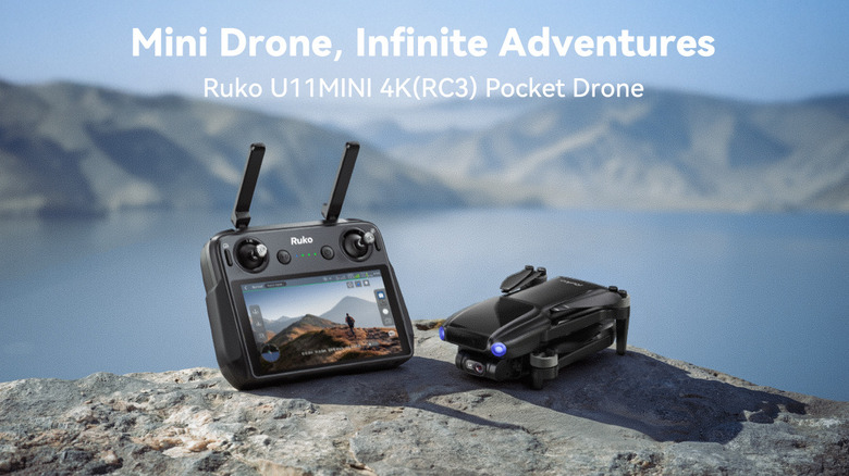 The Ruko U11MINI 4K flying over wooded terrain as three people on horseback cross a river.