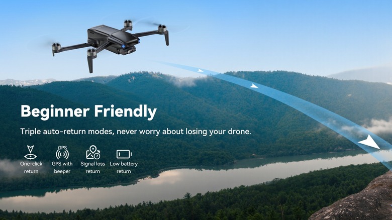 Graphic depicting the beginner-friendly Ruko U11MINI 4K (RC3) flying over a forested mountain range and using auto-return.