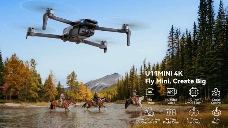 Ruko U11MINI 4K Drone flying over people crossing stream with horses