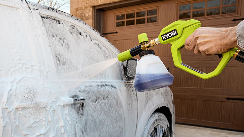 Ryobi foamer being used to clean a car