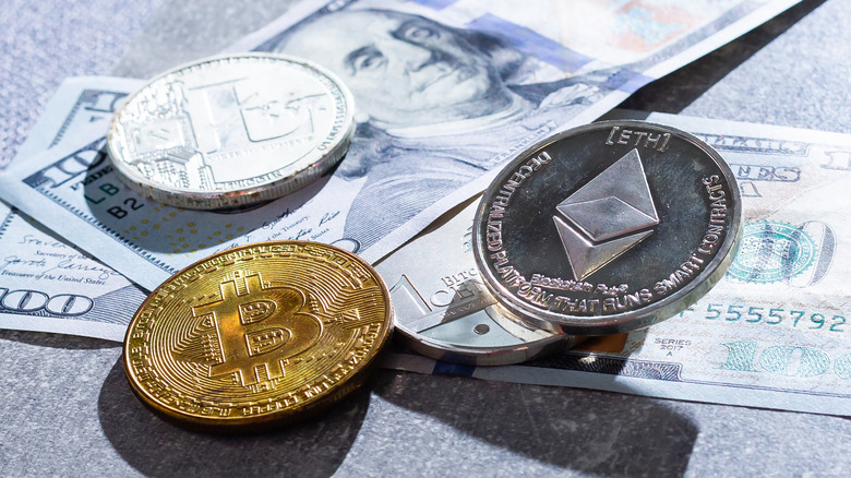 Cryptocurrencies with banknote in background