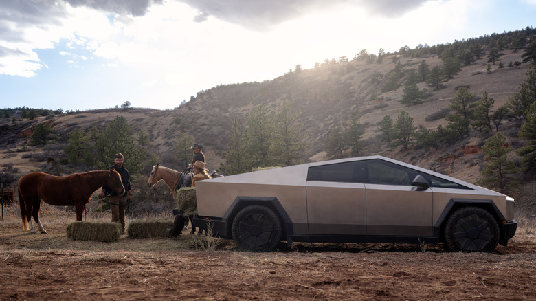 Side view of Tesla Cybertruck parked with horses on ranch.