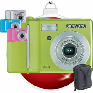 samsung s73 digital camera in pink, green, and blue