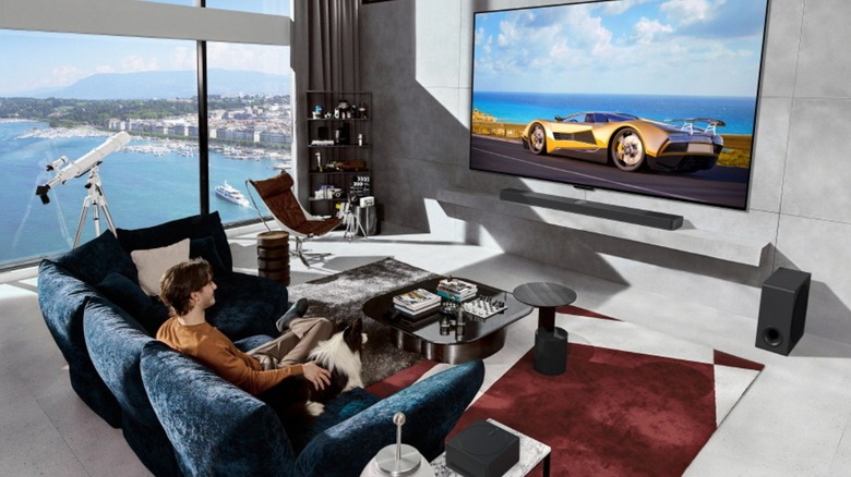 Person and dog watching LG TV from sofa