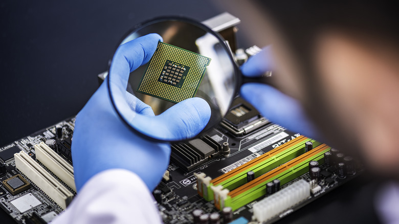 Person looking at a CPU chip.