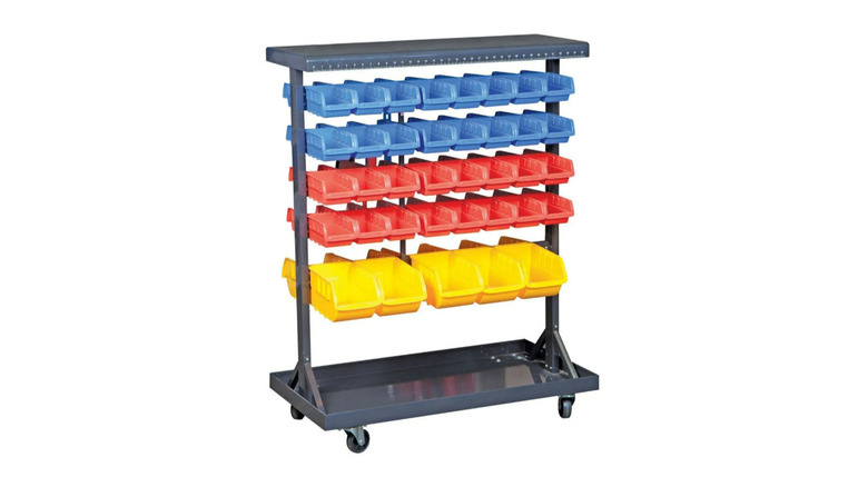 A blue, red, yellow, and black double-sided organizer rack from Harbor Freight showing trays