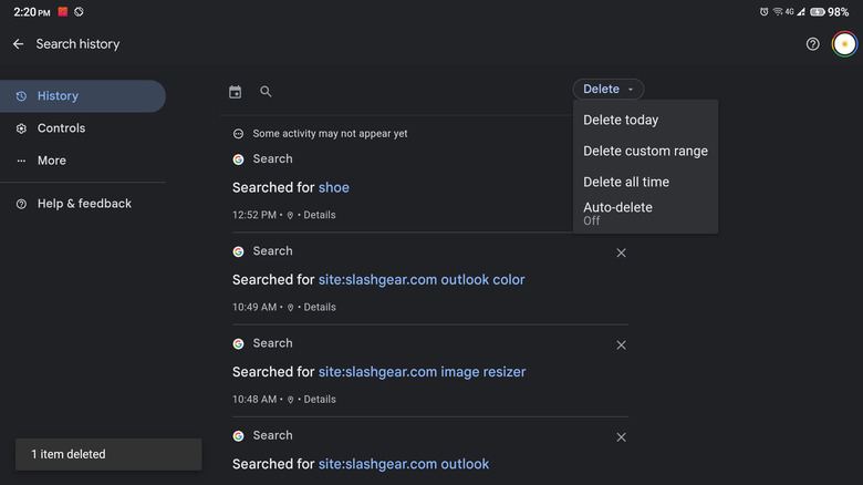 Google search history delete options