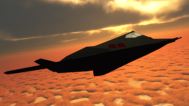 Concept animated stealth fighter jet flying in the sky