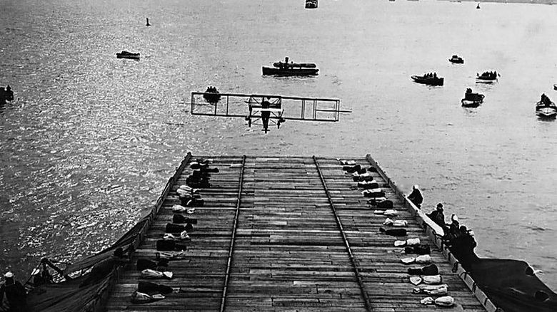 Eugene B. Ely's Curtis pusher biplane boat platform