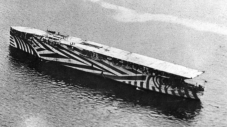 HMS Argus in harbor in 1918