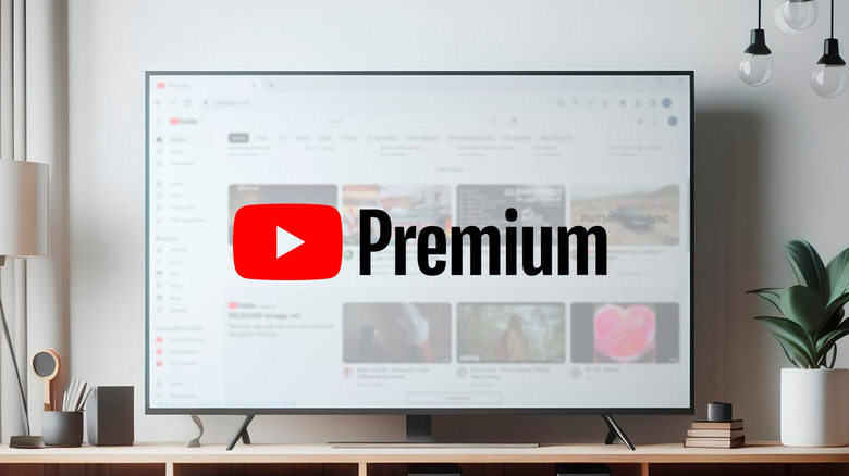 YouTube Premium interface displayed on a large smart TV screen in a living room