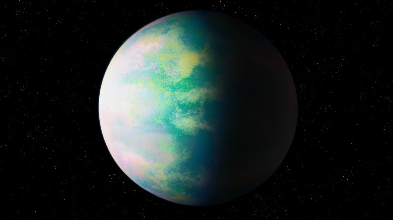 A artistic rendering of a hycean world covered in a hydrogen ocean