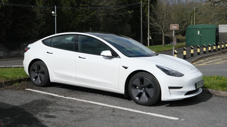 A Tesla electric car in white
