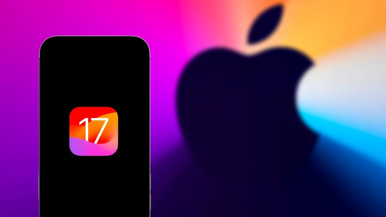 iPhone with iOS 17 logo, Apple logo in background