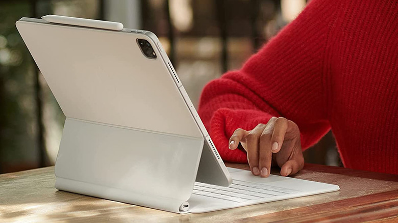 person using apple magic keyboard with ipad