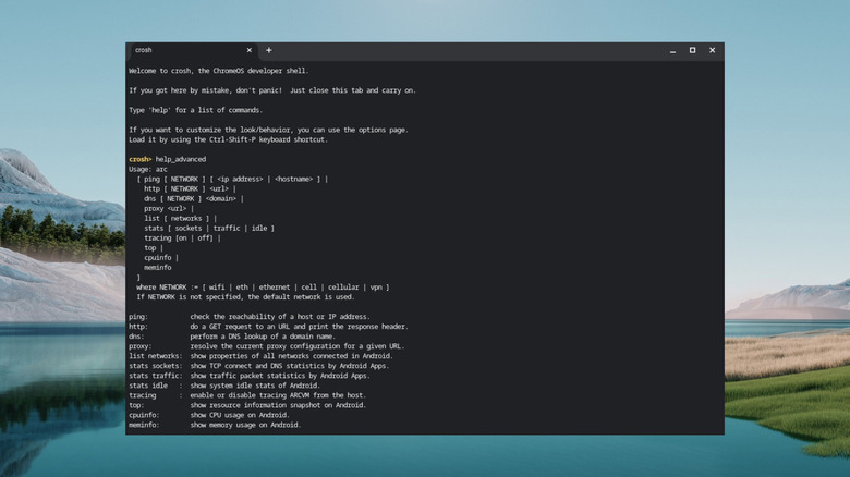 help_advanced command in Crosh terminal