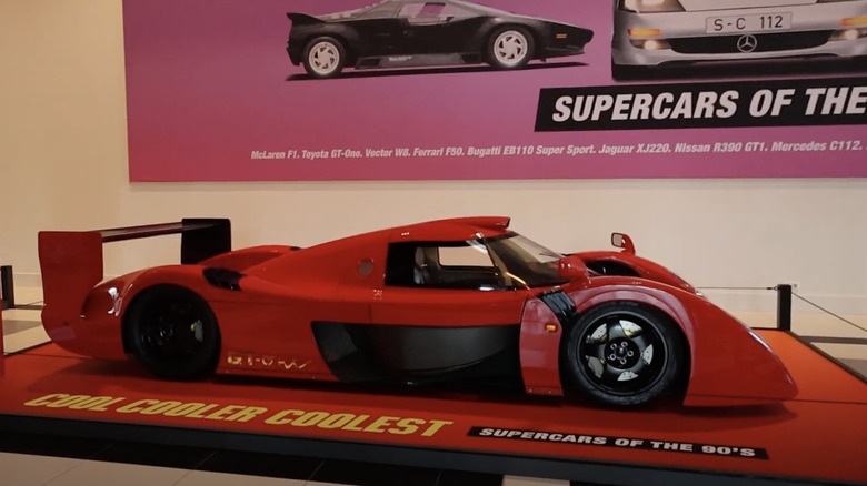 One of two Toyota GT-One road cars on display at a museum