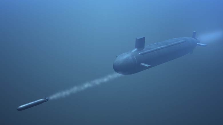 A 3D rendering of a submarine firing a torpedo underwater