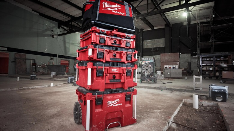 A stack of Packout toolboxes on a jobsite.
