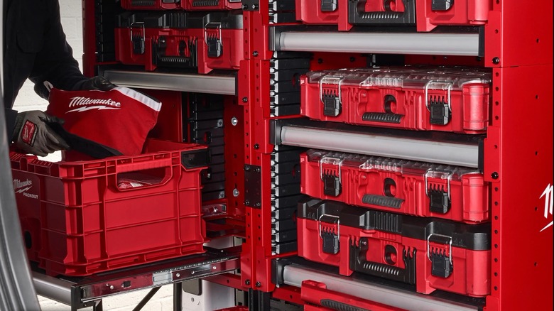 Packout tool boxes in a Packout rack.