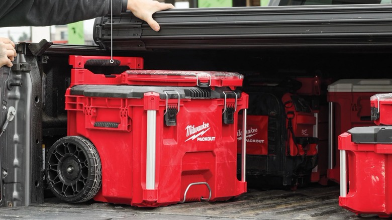 A Milwaukee Rolling Tool Box on a pickup truck bed.