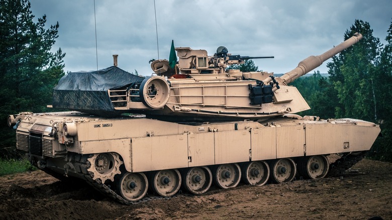 M1 Abrams tank parked aiming