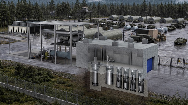 An artist's rendering of a small building with below grade nuclear microreactor