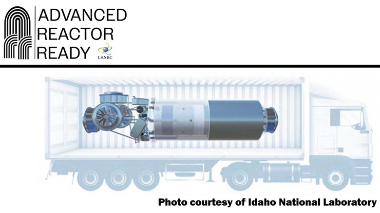 A graphic showing a nuclear microreactor being transported via truck
