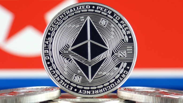 Ethereum coin near North Korean flag