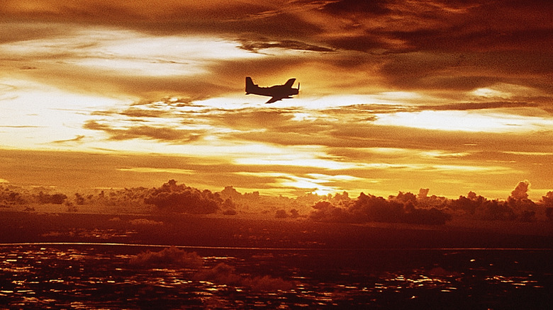 An A-1 Skyraider flying over Vietnam after engaging with Viet Cong targets in 1967