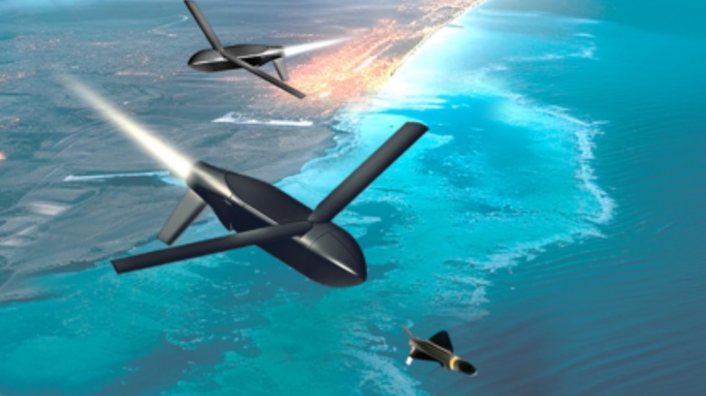 An artist's rendering of two Lumberjack drones dropping Hatchet munitions